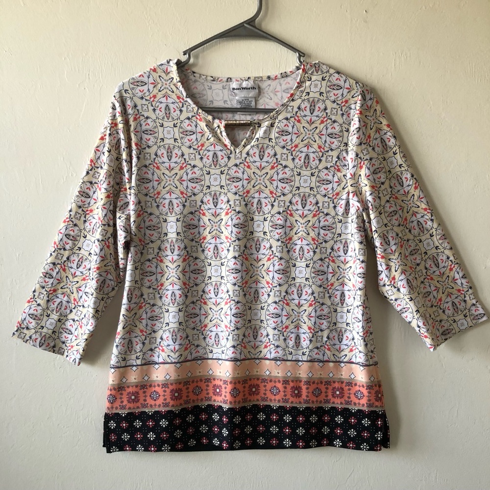 BON WORTH Womens Tunic Top Size XSP 3/4 Sleeve Semi Loose Side Slits